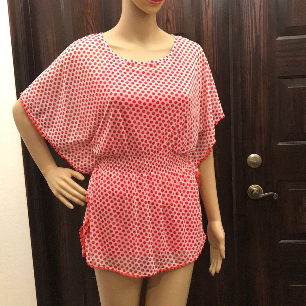 Polkadot  blouse attached camisole coral color